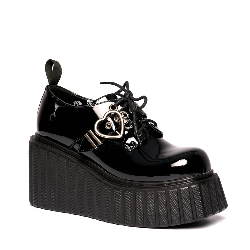 Lamoda Stick to It Chunky Platform Creeper Shoes - Black Patent Gothic Alternative Festival Footwear, All-Day Comfort, Thick Sole Comfort Ankle Creepers for Women UK3