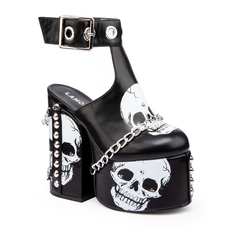 Lamoda Hidden Closet Platform Heels Black/Skull, Women's High Platform Heels with Cushioned Insole, Edgy Skull Design for Parties, Night Outs, Statement Looks, Comfortable and Stylish Footwear, UK 7