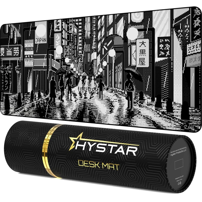 Hystar Gaming Mouse Pad, Soft Textured Cloth Surface, Water Resistant Fabric, 5mm Thick, Bonus Silicone Drink Coaster, Durable Box for Transport, Retro Tokyo Design (Black and White)
