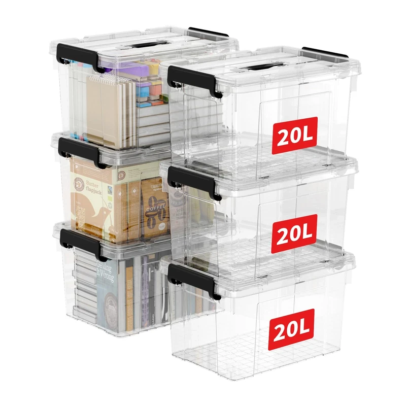 Cetomo 20L*6 Storage Boxes, Carry Plastic Storage Box with Lids, Clear Organizing Container with Handle and Secure Latches, Nestable & Stackable Tote Box for Home Office, 20L-6 Pack, Transparent