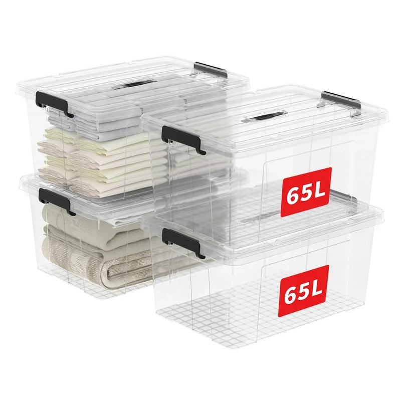 Cetomo 65L*4 Storage Boxes, Carry Plastic Storage Box with Lids, Clear Organizing Container with Handle and Secure Latches, Nestable & Stackable Tote Box for Home Office, 65L-4 Pack, Transparent
