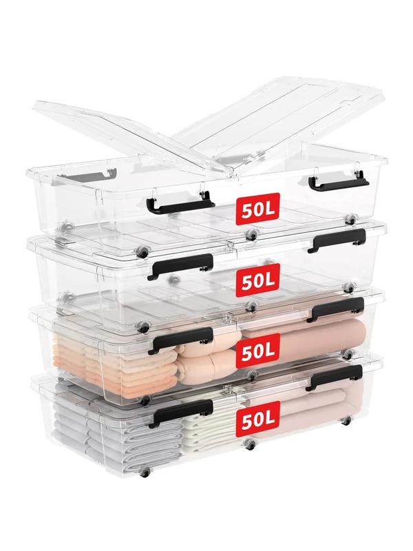 Cetomo 50L*4 Storage Boxes with Wheels, Under Bed Storage Container with Dual-Opening Lids, Durable Flat Organizing Box for Bedroom, Home, BPA-free, Nestable, Stackable, Clear, 50L-4 Pack