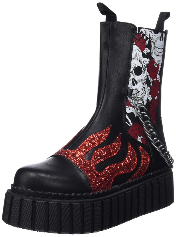 LAMODA - Unforgiving Chunky Creeper High Ankle Boots, EU 41, Black PU Flame, 8.5 UK
