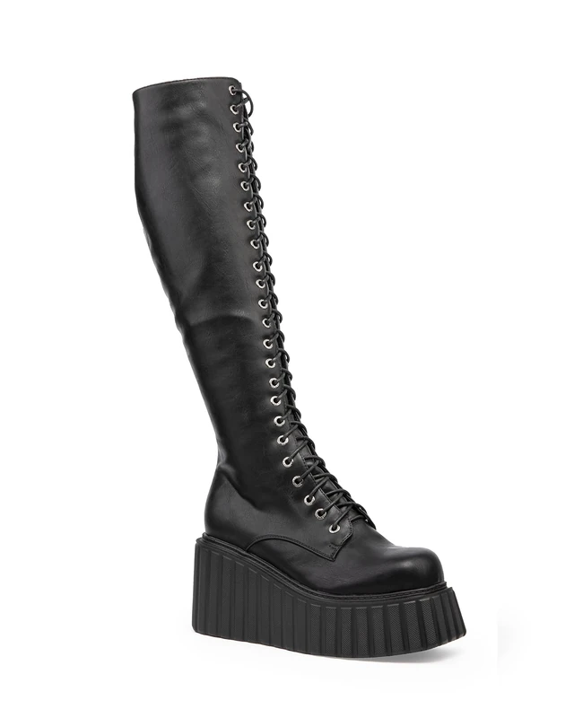 LAMODA - Important Platform Creeper Wedge Boots, EU 36, Black PU, 4 UK