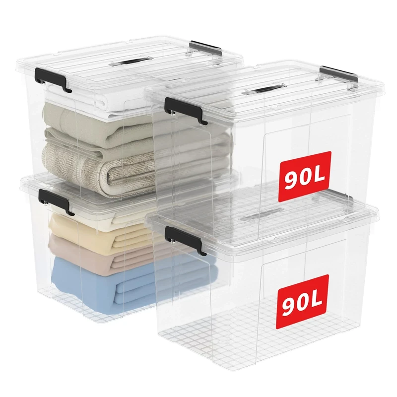 Cetomo 90L*4 Storage Boxes, Carry Plastic Storage Box with Lids, Clear Organizing Container with Handle and Secure Latches, Nestable & Stackable Tote Box for Home Office, 90L-4 Pack, Transparent