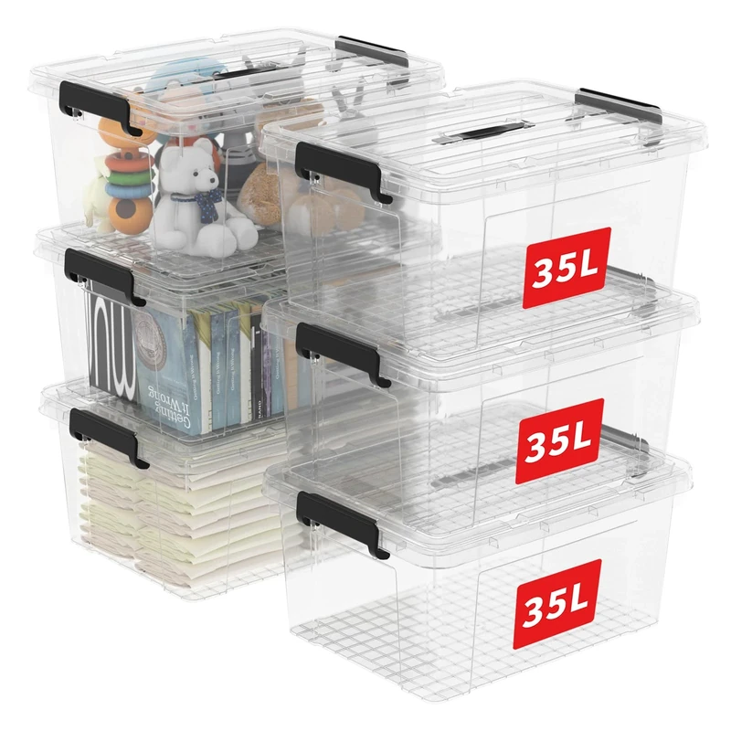 Cetomo 35L*6 Storage Boxes, Carry Plastic Storage Box with Lids, Clear Organizing Container with Handle and Secure Latches, Nestable & Stackable Tote Box for Home Office, 35L-6 Pack, Transparent