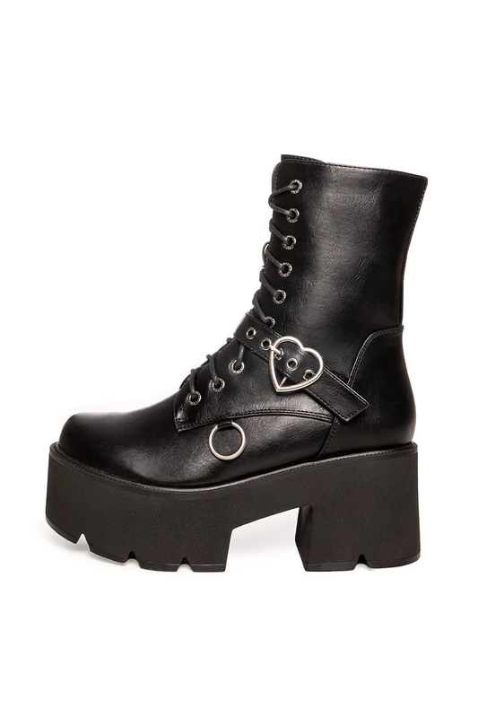 Lamoda Heartless Black PU Chunky Platform Boots UK4 - Gothic Alternative Festival Shoes with Bold Platform Sole, Cushioned Insole, Lace-Up & Side Zip for Comfort