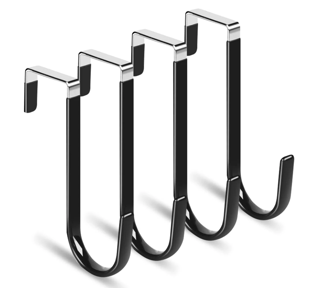 lmytdo Over Door Hooks Hangers 4Pcs Dipping Plastic Rustproof with Anti-Scratch Thickening Fits Under 3.7 cm Widths as Cabinet Hooks, Christmas Xmas Wreath Hanger, Coat Hook(Black)