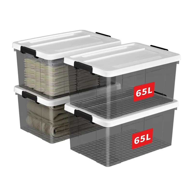 Cetomo 65L*4 Storage Boxes, Plastic Storage Box with Lids, Organizing Container with Secure Latching Buckles, Stackable, Nestable, Large Bin for Home Clothes, 65L-4Pack, Clear Black