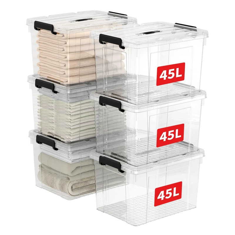 Cetomo 45L*6 Storage Boxes, Carry Plastic Storage Box with Lids, Clear Organizing Container with Handle and Secure Latches, Nestable & Stackable Tote Box for Home Office, 45L-6 Pack, Transparent
