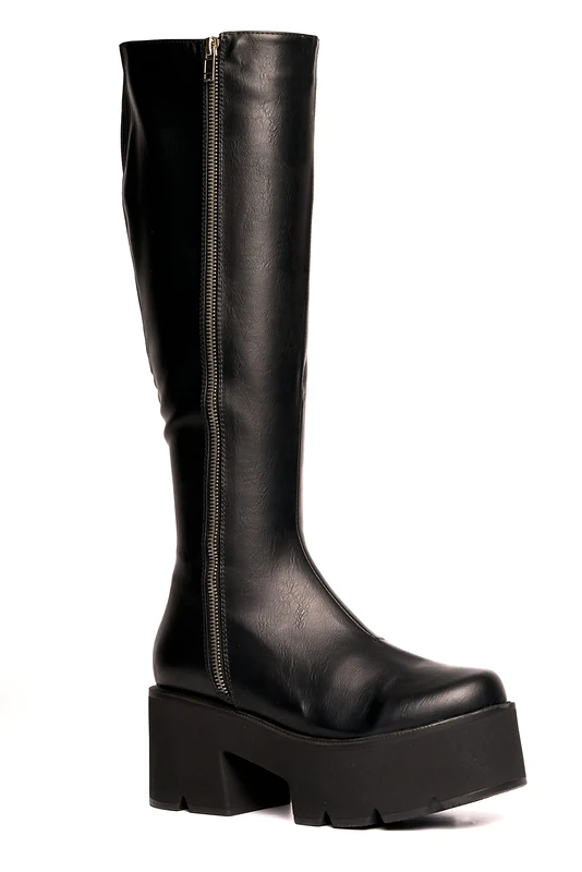 LAMODA Women's Devious Knee High Boot, Black Pu, 4 UK