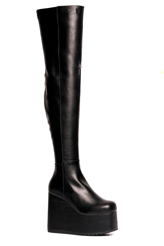 Lamoda Never Again Chunky Platform Thigh High Boots for Women - BlackPU, Gothic Festival Y2K High Heel Glossy Vegan Over the Knee Statement Footwear - UK3