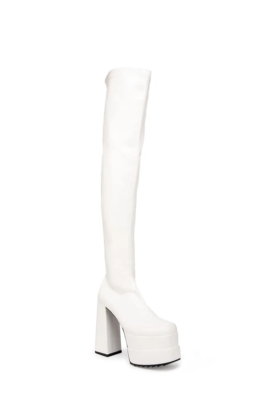 Lamoda Fantasies Platform Thigh High Boots UK4, White PU Finish, Elevated Chunky Thigh-High Design, Trendy Street Style Footwear for Casual Outings and Night Events