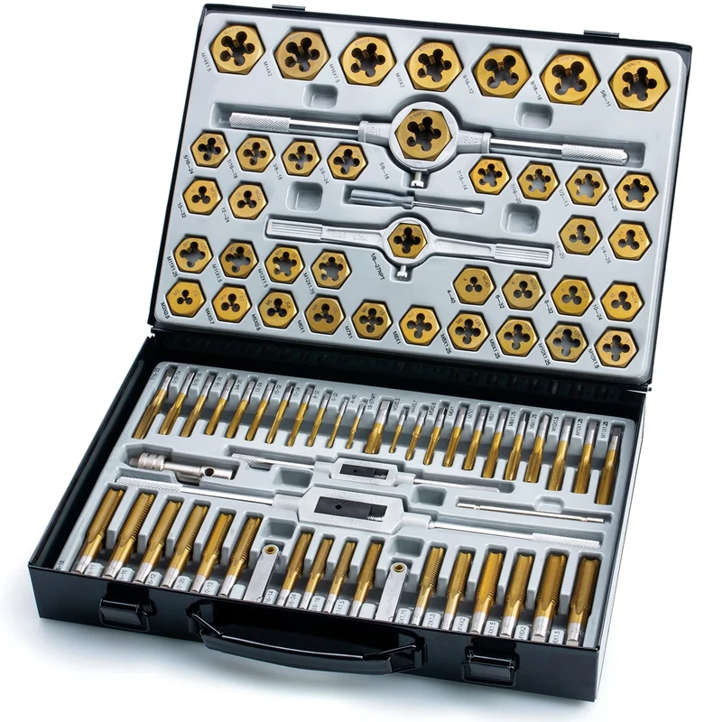 86-Piece Master Tap and Hex Die Set, Premium Titanium Coating | SAE Size #4 to 5/8”, Metric Size M3 to M16 | for All Coarse, Fine, Pipe Threads | Complete with Holders, Stocks, Gauges and Metal Case