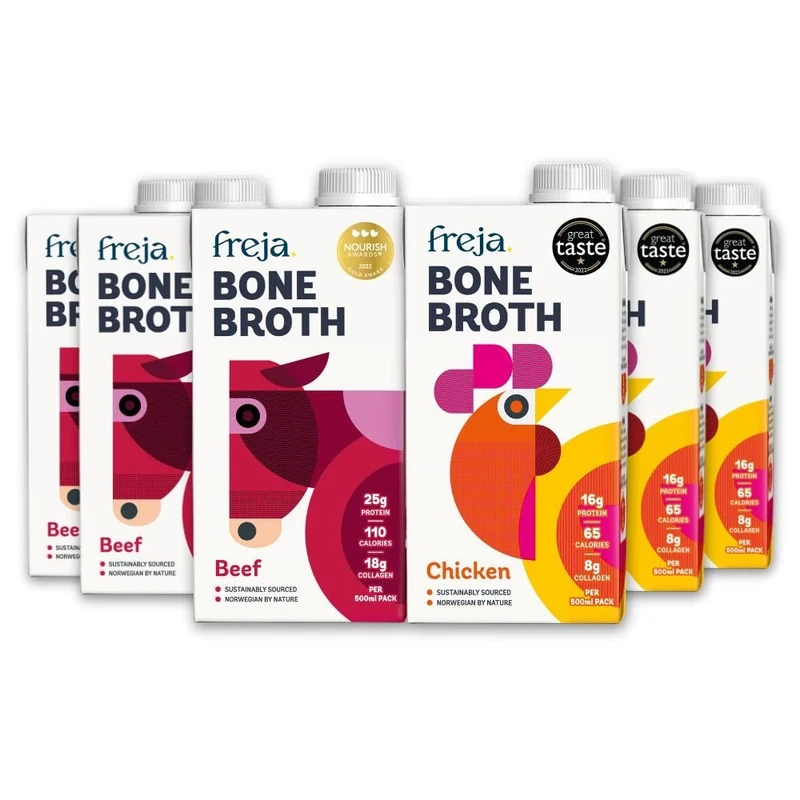 Freja Best of Bone Broth Mixed Pack | Beef & Chicken | Premium Broth | Delicious & Natural | Low Calorie | High Protein & Collagen | Not from Concentrate, Powder or Cubes | 6 x 500ml