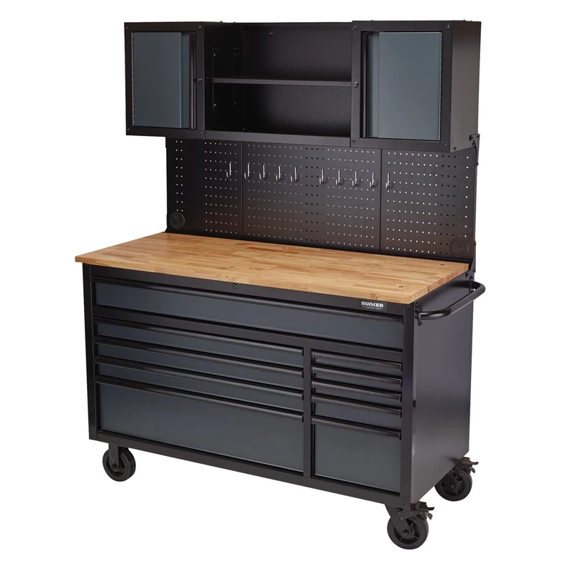 BUNKER 08242 Roller Workstation with Workbench, 10 Drawer, 56", Grey - Image 1