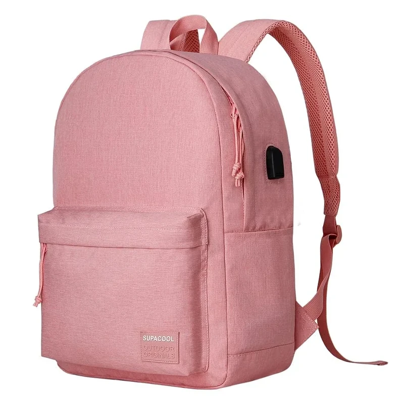 SUPACOOL Lightweight Casual Laptop Backpack with USB Charging Port For for Men and Women, Backpack for College,Full Pink