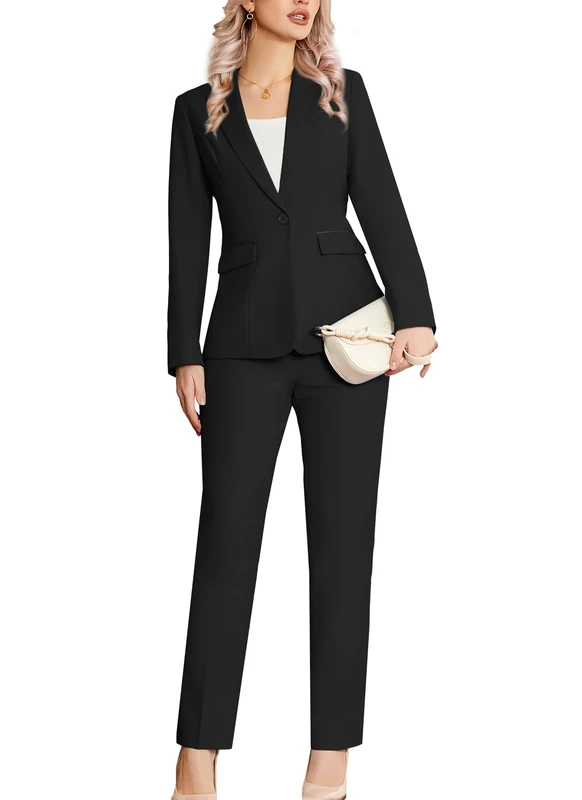 Kelyaa Women 2 Piece Suit Notched Lapel One Button Slim Fit Work Office Work Tuxedo Blazer Pants Set, Black, S