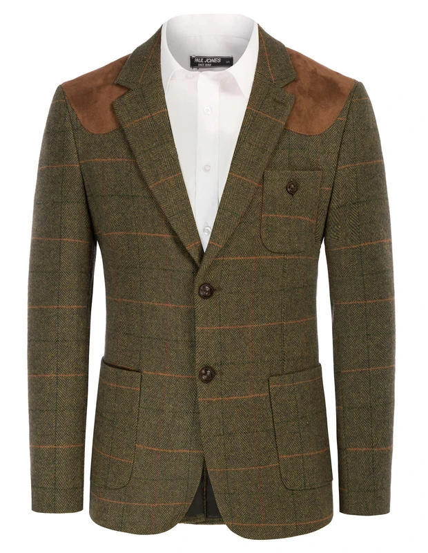 PJ PAUL JONES Mens British Wool Blend Suit Blazer Patchwork Tweed Sport Coats, Olive(Plaid), S