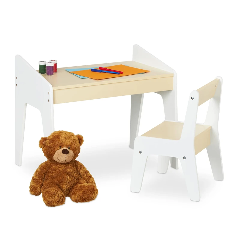 Relaxdays Children's Table and Chair, Kids' Furniture Combination, for Boys and Girls, HWD: 51x60.5x37.5 cm, Beige/White