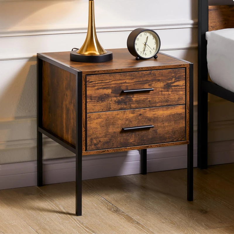 Vida Designs Brooklyn Bedside Cabinet Nightstand Side Table Industrial Bedroom Furniture Storage (Dark Wood, 2 Drawer)