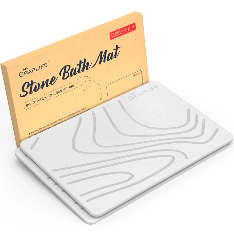 Graplife Stone Bath Mat 2PACK, Tub & Bathroom Floor - Super Absorbent Diatomaceous Earth Shower Mat, Non-Slip Fast-Drying Mat for Kitchen Counter, Elegant Home Decor & Modern Accessories White