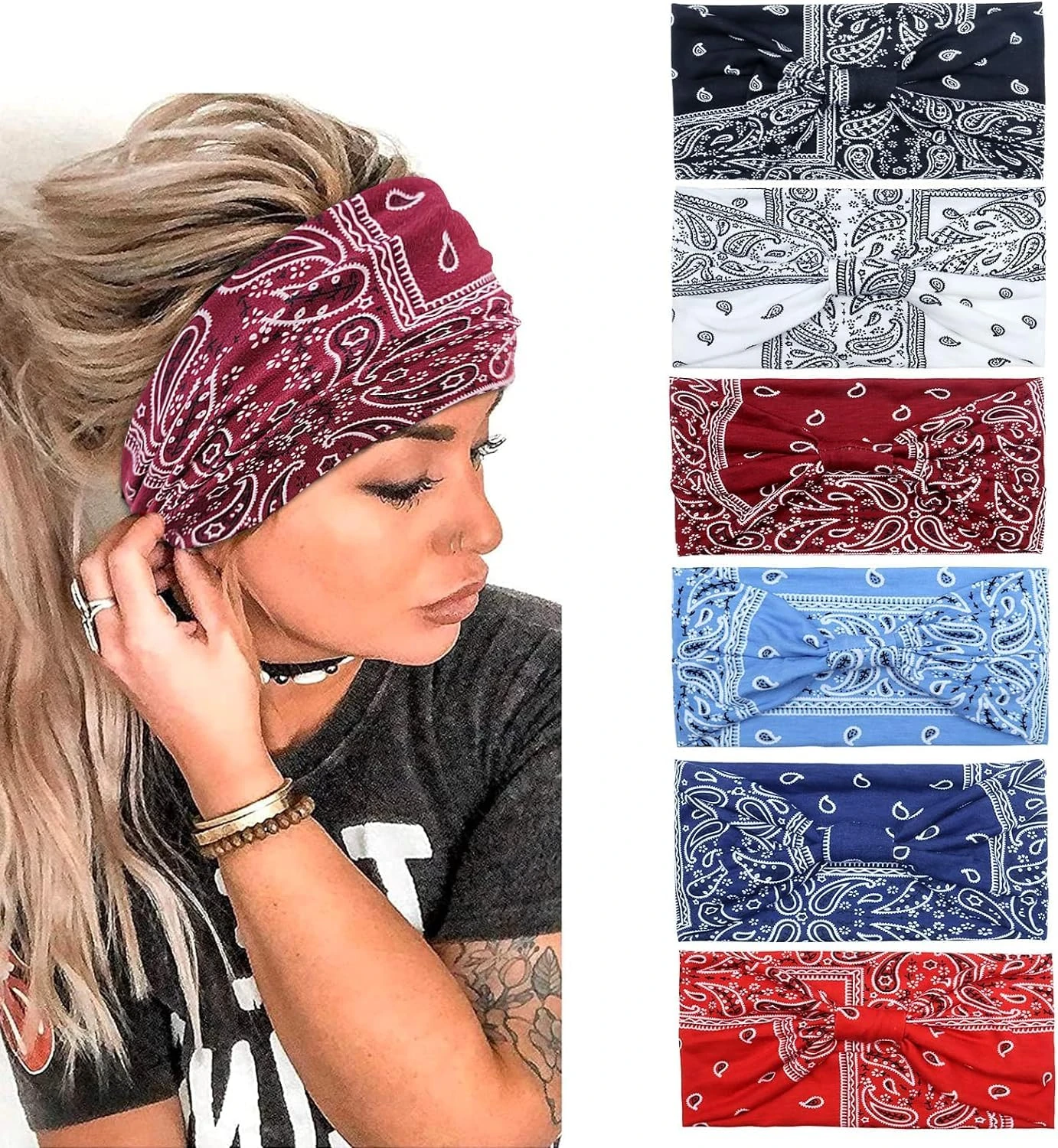 Kavya Women's Wide Elastic Soft Boho Leopard Print Hair Bands, Yoga & Sports Headbands, Multicolored Pack of 6