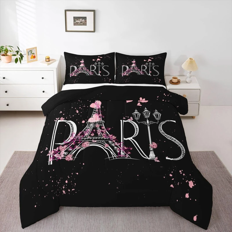 Feelyou Eiffel Tower Comforter Set Chic Paris Bedding Set Romantic Theme Comforter for Boys Girls Children Teens Black Pink Bedroom Decor Modern French Style Duvet Set King Size with 2 Pillow Case