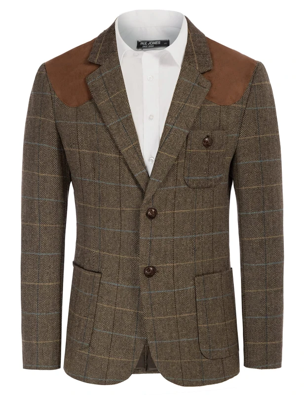PJ PAUL JONES Mens British Wool Blend Suit Blazer Patchwork Tweed Sport Coats, Coffee(Plaid), M