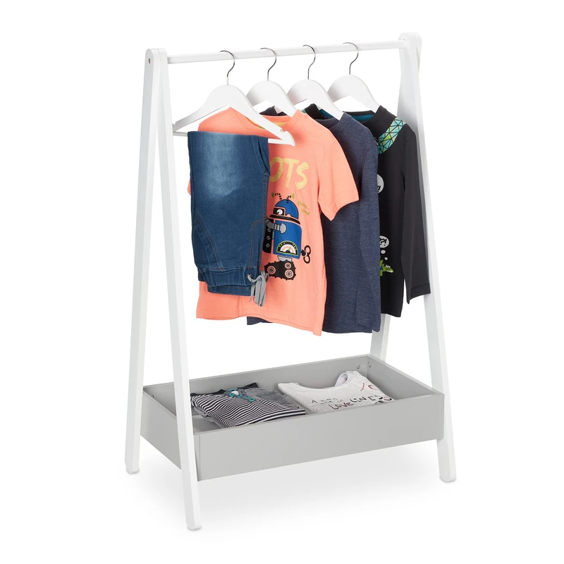 Relaxdays Children’s Clothes Rail, Hanging Rack for Bedroom & Nursery, Storage with Shelf, HWD: 99 x 63.5 x 42 cm, White, Fibreboard