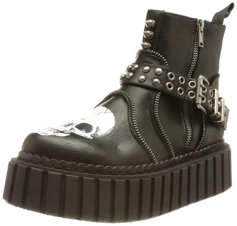 LAMODA - Reasonable Doubt Chunky Creeper Ankle Boots, EU 36, Black Skull, 4 UK