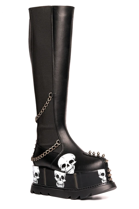 LAMODA Women's Eerie Knee High Boot, Black Pu Skull, 4 UK