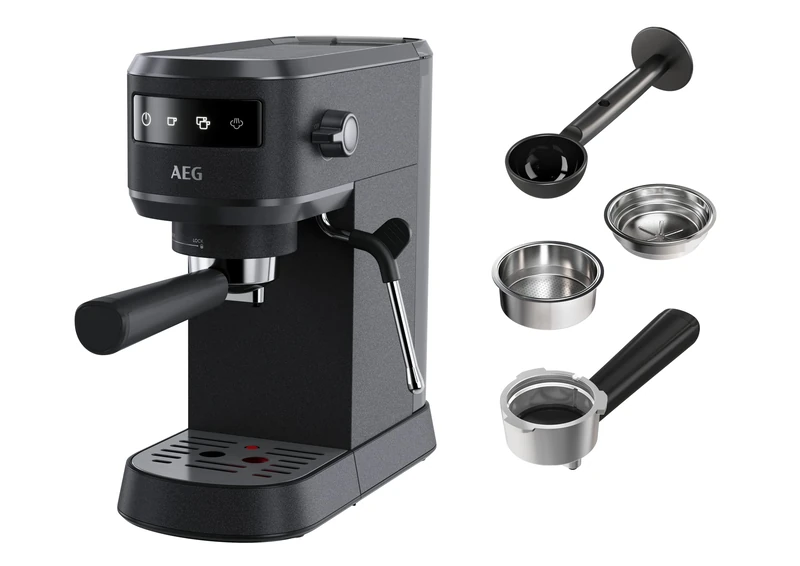 AEG EC6-1-6BST Espresso Portafilter Machine/Slim Design/Thermoblock Technology / 15 Bar / 3 Inserts for 1-2 Cups & ESE Pads/Touch Control Panel/Milk Foam Nozzle / 1 L Water Tank/Black