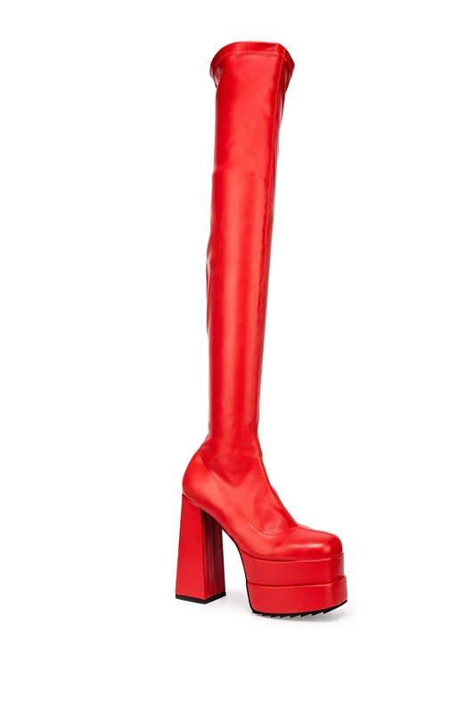 LAMODA - Fantasies Platform Thigh High Boots, EU 39, Red PU, 7 UK