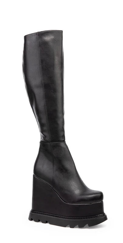 LAMODA - Deep Seas Chunky Platform Knee High Wedge Boots, EU 39 / UK 6, Black PU, 7 UK