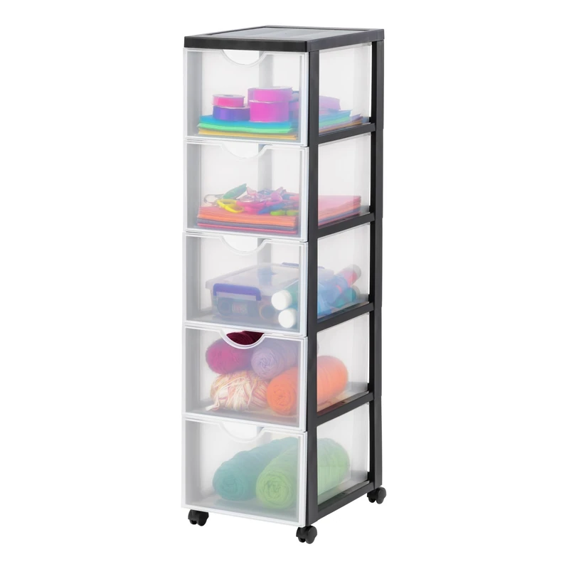 Iris Ohyama, Plastic Drawers Storage Unit, Plastic Storage Drawers, A4 Format & 4 Wheels, H100.5cm/5 Drawers, BPA Free, Black, W37.5 x D29 x H100.5cm, DDDC-305
