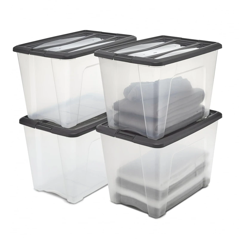 Iris Ohyama Storage Boxes with Lids, 60L, Set of 4, Black, Secure Buckles, Stackable, Pull-Handles, For Bedroom, Closet, Office, Organisation, BPA Free Plastic, Clothes Tote, NTB-60