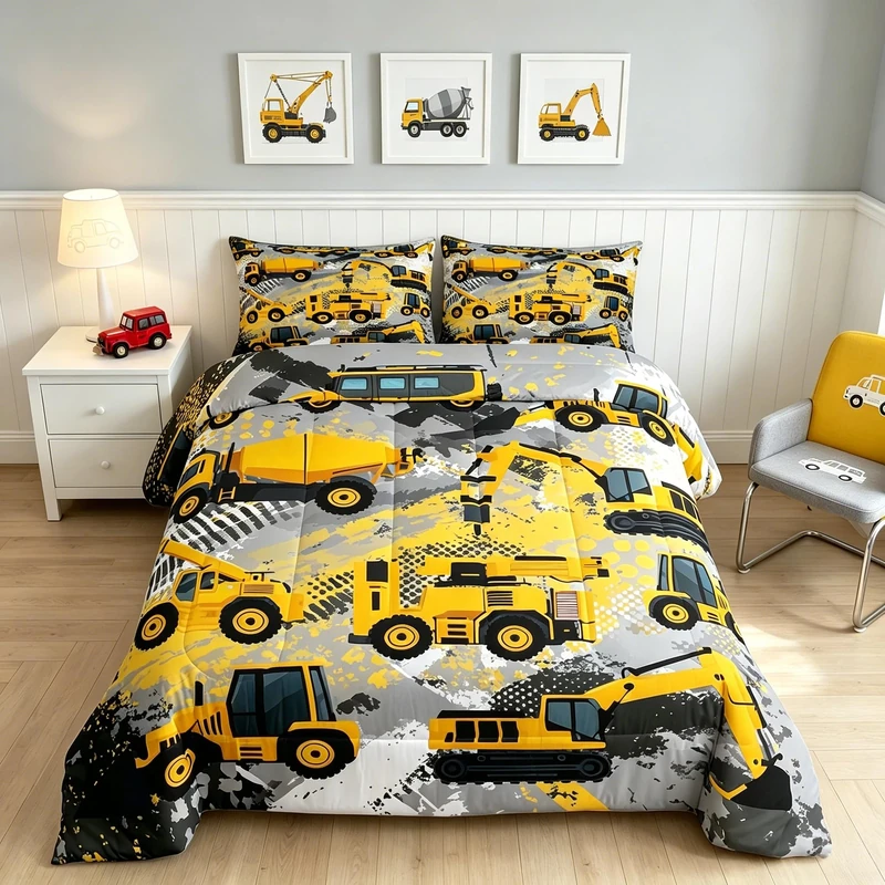 Feelyou Boys Cartoon Car Bedding Set Kids Construction Vehicles Comforter for Kids Children Cartoon Machinery Truck Comforter Set Construction Site Cars Duvet Set King Size 3Pcs, Multi 53