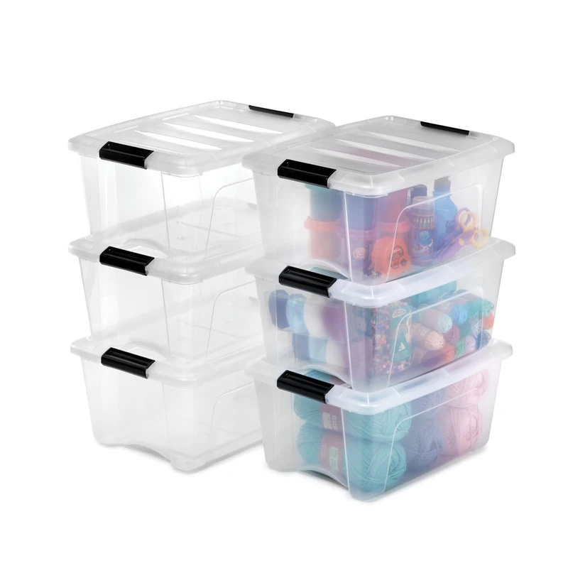 Iris Ohyama Storage Boxes with Lids, 15L, Set of 6, Clear, Secure Buckles, Stackable, Pull-Handles, For Bedroom, Closet, Office, Organisation, BPA Free Plastic, Clothes Tote, DDNTB-15