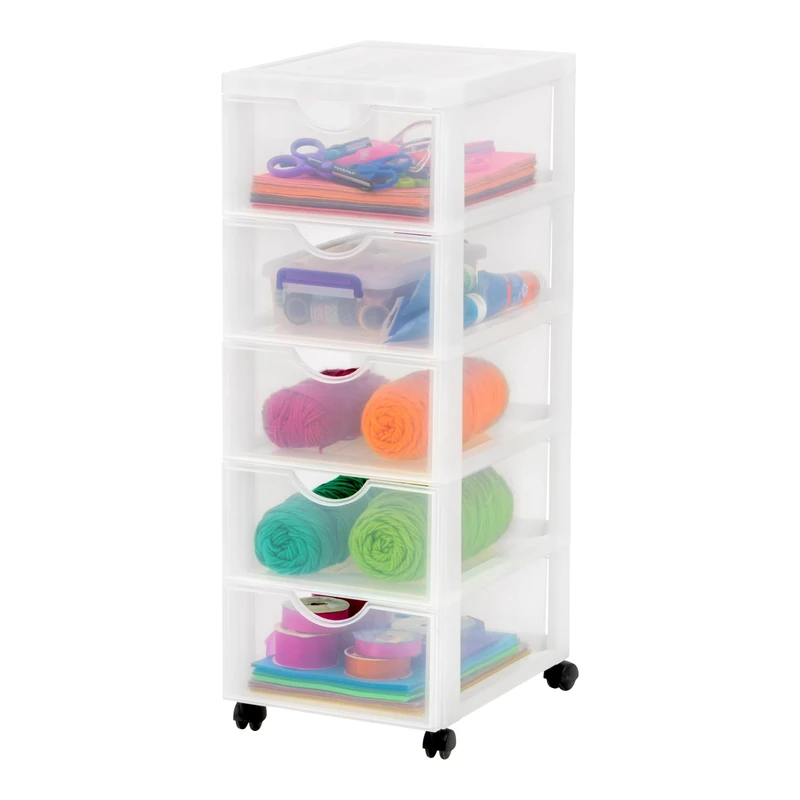 Iris Ohyama, Plastic Drawers Storage Unit, Plastic Storage Drawers, A4 Format & 4 Wheels, H76cm/5 Drawers, BPA Free, Frosted White, W37.5 x D29 x H76cm, DDDC-005 - Image 1