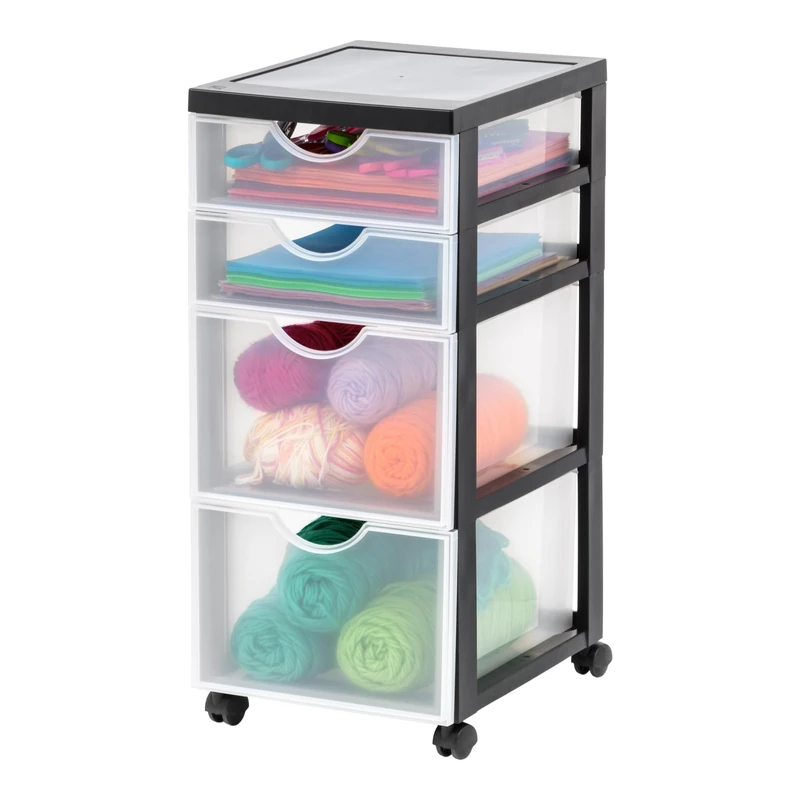 Iris Ohyama, Plastic Drawers Storage Unit, Plastic Storage Drawers, A4 Format & 4 Wheels, H61.5cm/4 Drawers Mix, BPA Free, Black, W37.5 x D29 x H61.5cm, DDDC-322