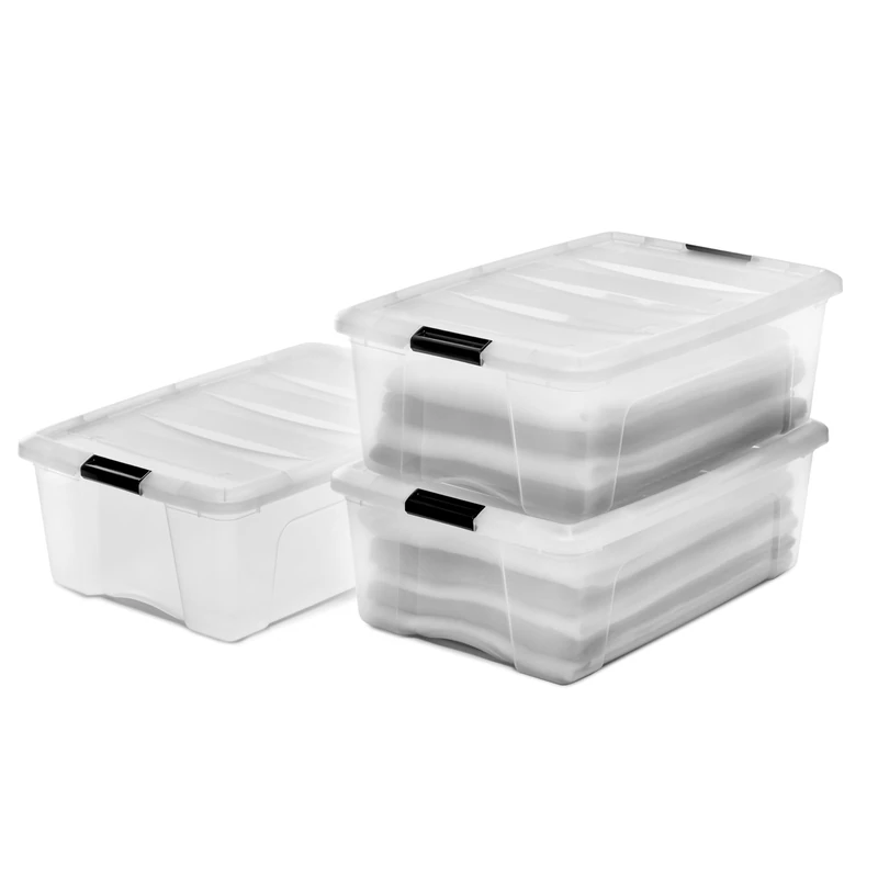 Iris Ohyama Storage Boxes with Lids, 30L, Set of 3, Clear, Secure Buckles, Stackable, Pull-Handles, For Bedroom, Closet, Office, Organisation, BPA Free Plastic, Clothes Tote, DDNTB-30
