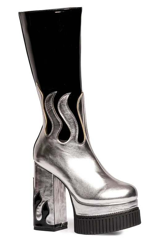 LAMODA Women's Show Off Mid Calf Boot, Black Patent Silver Pu Flame, 4 UK