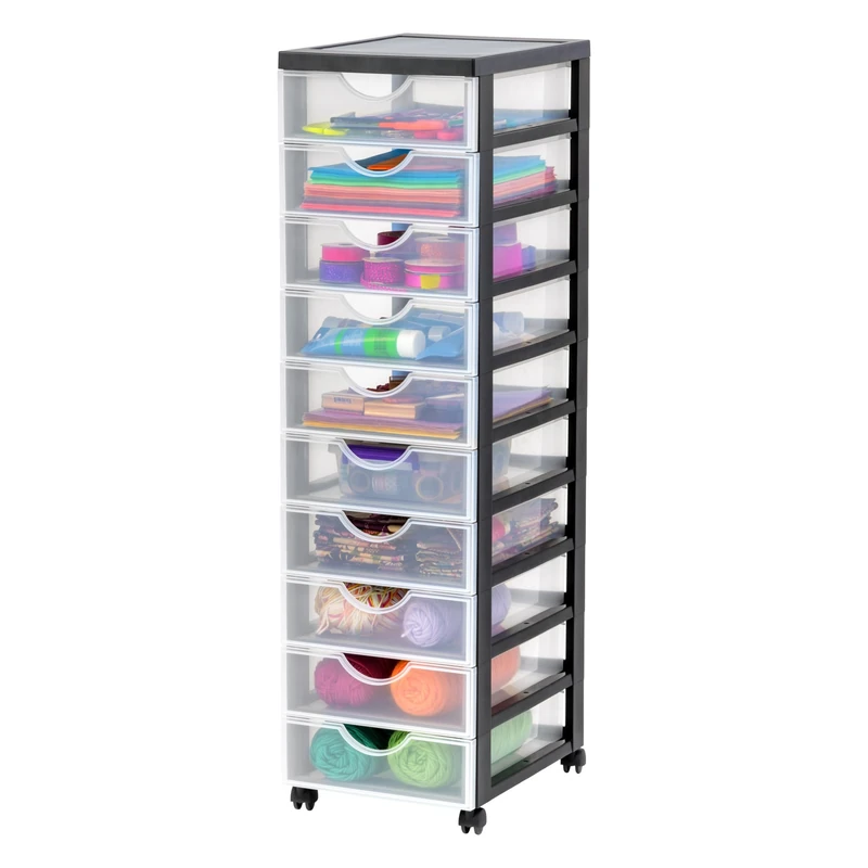 Iris Ohyama, Plastic Drawers Storage Unit, Plastic Storage Drawers, A4 Format & 4 Wheels, H100.5cm/10 Drawers, BPA Free, Black, W37.5 x D29 x H100.5cm, DDDC-010