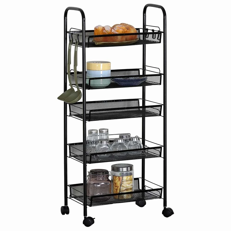BAKAJI Trolley Trolley Multipurpose Storage Cabinet Narrow Spaces Slim Convenient Slim Space Saving Kitchen Bathroom Office Furniture Storage Box Interior Design 5 Shelves Black 44 x 26 x 104 cm