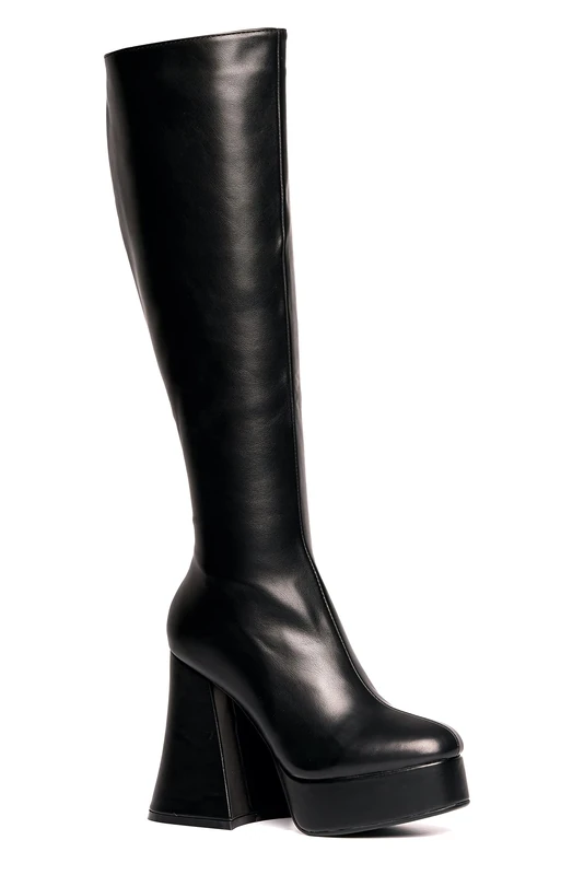 Lamoda Black Swan Knee High Boots Black PU - Round Toe Platform Heels for Women, Side Zip Closure, Chunky Heel, Stylish Black Upper, Trendy Streetwear & Party Footwear UK 8