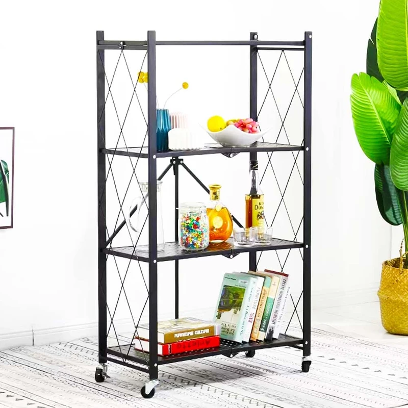 BAKAJI Folding Kitchen Trolley Multipurpose Storage Cabinet Narrow Spaces Slim Convenient Slim Space Saving Bathroom Office Furniture Storage Box Interior Design Black (4 Shelves) - Image 1