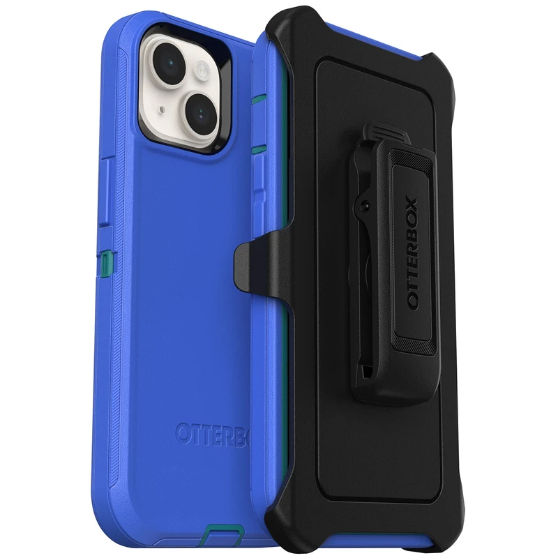 OtterBox iPhone 14 & iPhone 13 Defender Series Case - RAIN CHECK (Blue), rugged & durable, with port protection, includes holster clip kickstand
