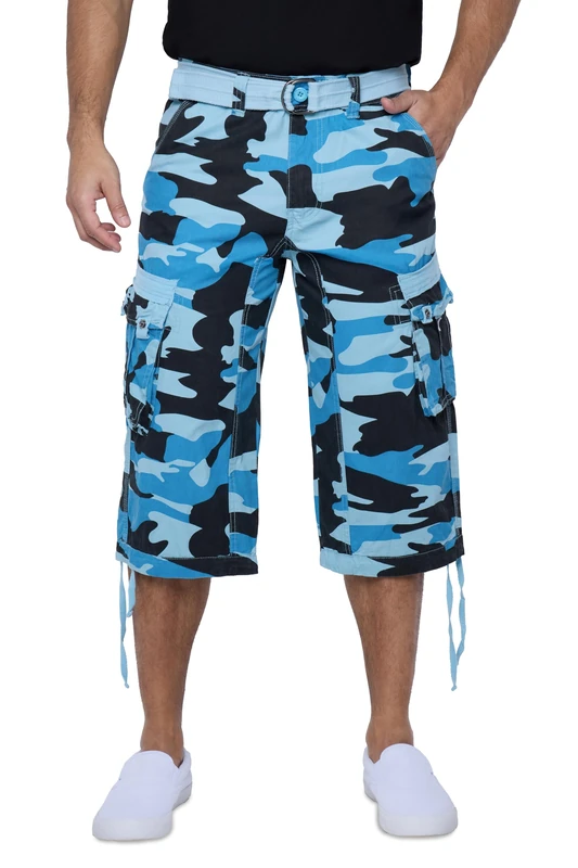 X RAY Men's Belted Cargo Long Shorts 18'' Inseam Below Knee Length Multi Pocket 3/4 Capri Pants (Big and Tall Shorts for Men), Teal Camo, 30