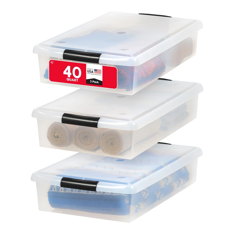IRIS USA 40 Quart Under Bed Plastic Storage Container with Lids and Durable Buckles, 3-Pack, Multi-Purpose for Clothes Shoes Duvets Bedding, Clear